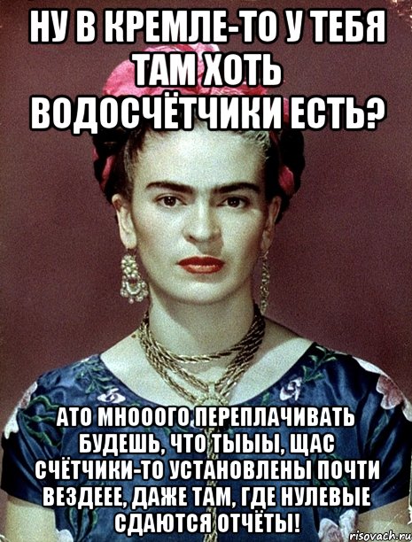 Ну в Кремле-то у тебя там хоть водосчётчики есть? АТО мнооого переплачивать будешь, что тыыы, щас счётчики-то установлены почти вездеее, даже там, где нулевые сдаются отчёты!, Мем Magdalena Carmen Frieda Kahlo Ca