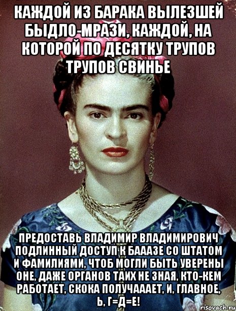 Каждой из барака вылезшей быдло-мрази, каждой, на которой по десятку трупов трупов свинье предоставь Владимир Владимирович подлинный доступ к бааазе со штатом и фамилиями, чтоб могли быть уверены оне, даже органов таих не зная, кто-кем работает, скока получааает, и, главное, Ь, Г=Д=Е!, Мем Magdalena Carmen Frieda Kahlo Ca