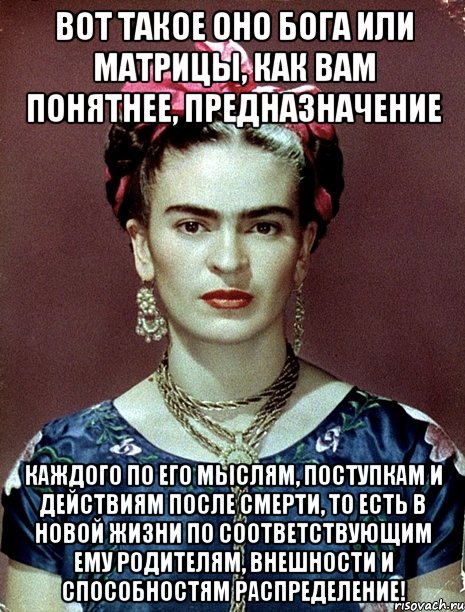 Вот такое оно Бога или матрицы, как вам понятнее, предназначение каждого по его мыслям, поступкам и действиям после смерти, то есть в новой жизни по соответствующим ему родителям, внешности и способностям распределение!, Мем Magdalena Carmen Frieda Kahlo Ca