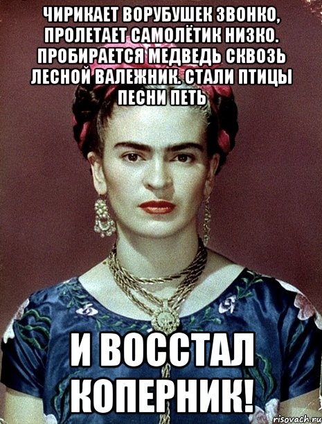 Чирикает ворубушек звонко, пролетает самолётик низко. Пробирается медведь Сквозь лесной валежник. Стали птицы песни петь и восстал Коперник!