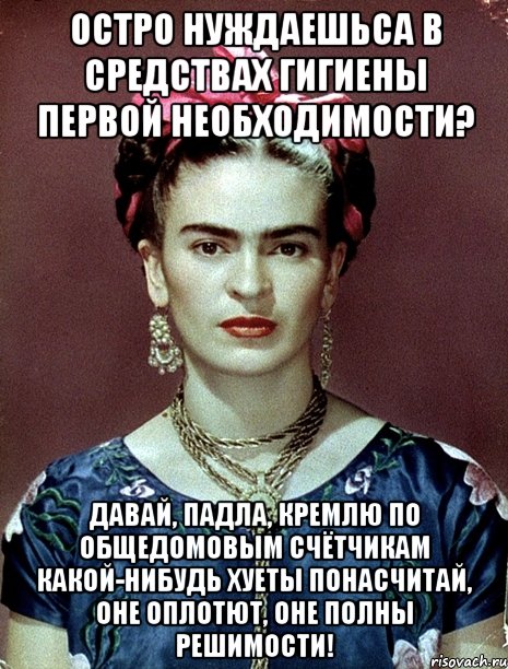Остро нуждаешьса в средствах гигиены первой необходимости? Давай, падла, Кремлю по общедомовым счётчикам какой-нибудь хуеты понасчитай, оне оплотют, оне полны решимости!