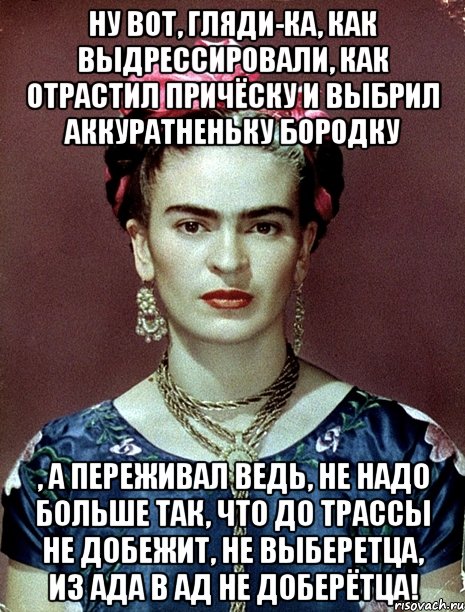 Ну вот, гляди-ка, как выдрессировали, как отрастил причёску и выбрил аккуратненьку бородку , а переживал ведь, не надо больше так, что до трассы не добежит, не выберетца, из ада в ад не доберётца!