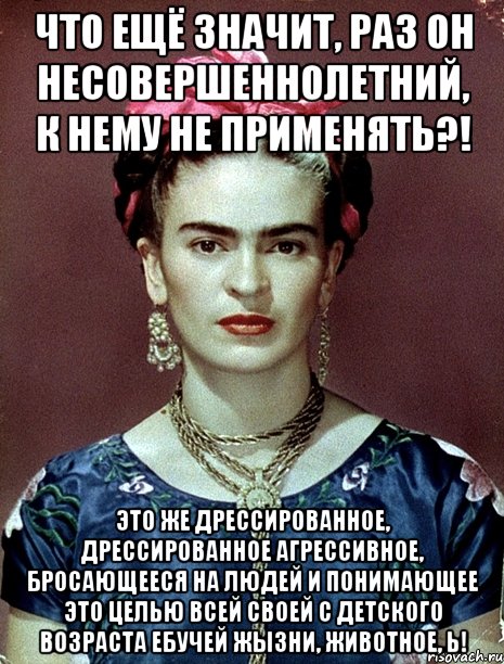 Что ещё значит, раз он несовершеннолетний, к нему не применять?! Это же дрессированное, дрессированное агрессивное, бросающееся на людей и понимающее это целью всей своей с детского возраста ебучей жызни, животное, Ь!