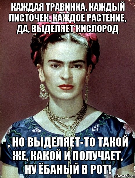 Каждая травинка, каждый листочек, каждое растение, да, выделяет кислород , но выделяет-то такой же, какой и получает, ну ёбаный в рот!