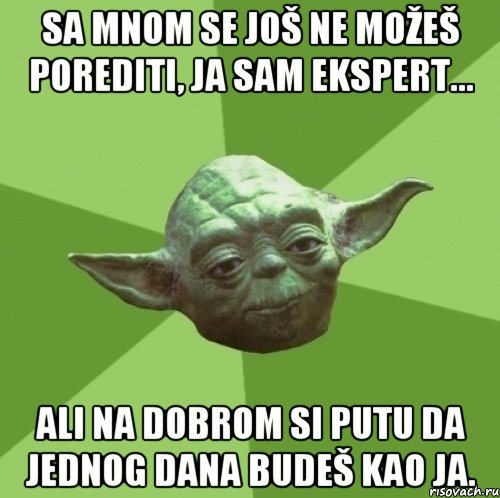 Sa mnom se još ne možeš porediti, ja sam ekspert... ali na dobrom si putu da jednog dana budeš kao ja., Мем Мастер Йода