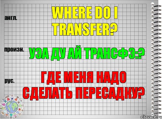 Where do I transfer? уэа ду ай трансфэ:? Где меня надо сделать пересадку?