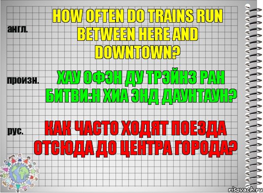 How often do trains run between here and downtown? хау офэн ду трэйнз ран битви:н хиа энд даунтаун? Как часто ходят поезда отсюда до центра города?, Комикс  Перевод с английского