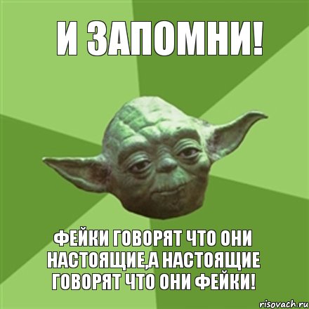 И запомни! Фейки говорят что они настоящие,а настоящие говорят что они фейки!, Мем Мастер Йода