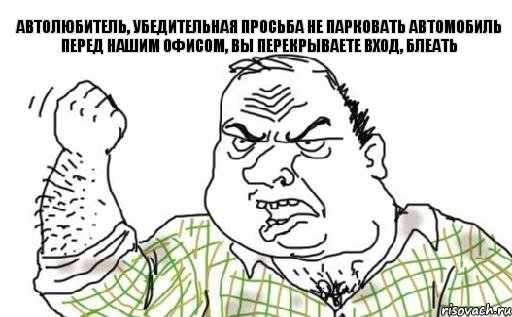 Автолюбитель, убедительная просьба не парковать автомобиль перед нашим офисом, вы перекрываете вход, блеать, Комикс Мужик блеать