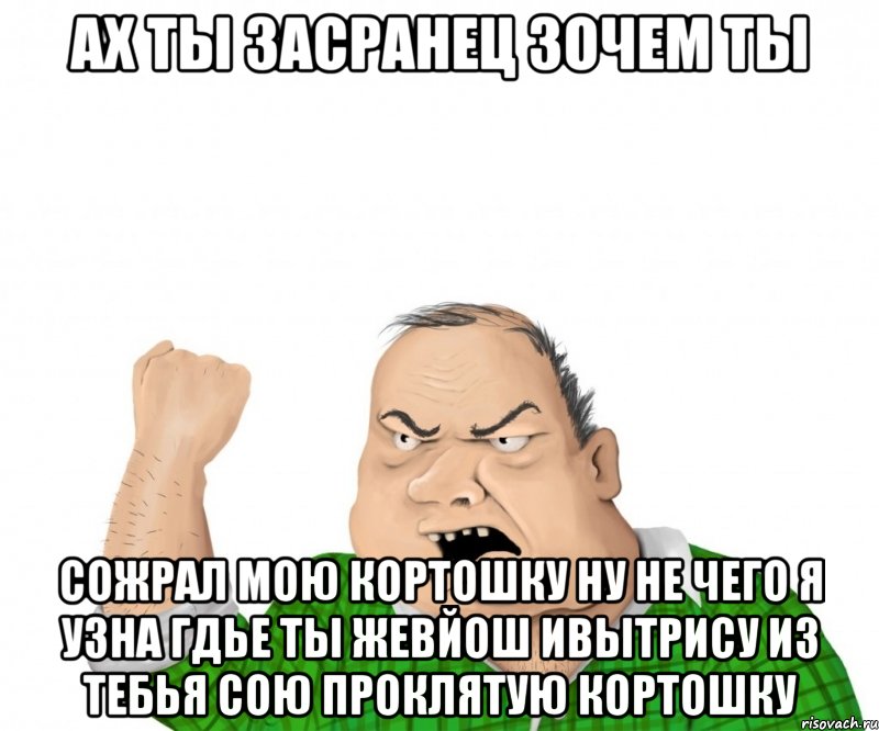 АХ ТЫ ЗАСРАНЕЦ ЗОЧЕМ ТЫ СОЖРАЛ МОЮ КОРТОШКУ НУ НЕ ЧЕГО Я УЗНА ГДЬЕ ТЫ ЖЕВЙОШ ИВЫТРИСУ ИЗ ТЕБЬЯ СОЮ ПРОКЛЯТУЮ КОРТОШКУ, Мем мужик