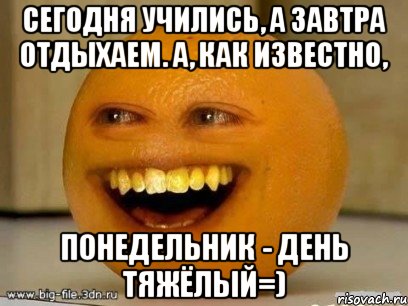 Сегодня учились, а завтра отдыхаем. А, как известно, понедельник - день тяжёлый=), Мем Надоедливый апельсин