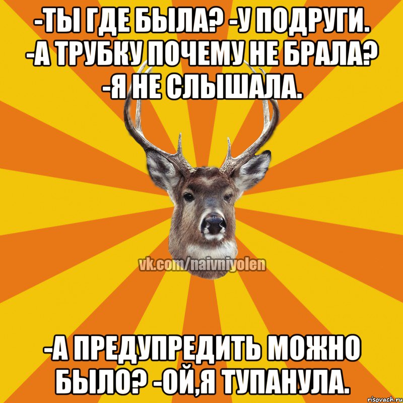 -Ты где была? -У подруги. -А трубку почему не брала? -Я не слышала. -А предупредить можно было? -Ой,я тупанула., Мем Наивный Олень вк