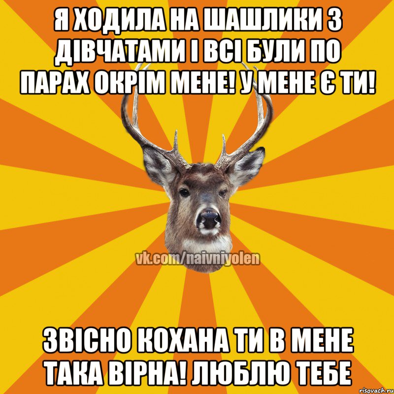 Я ходила на шашлики з дівчатами і всі були по парах окрім мене! У мене є ти! Звісно кохана ти в мене така вірна! Люблю тебе