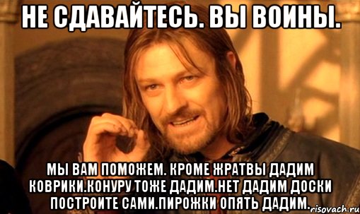 Не сдавайтесь. Вы воины. Мы вам поможем. Кроме жратвы дадим коврики.конуру тоже дадим.нет дадим доски построите сами.пирожки опять дадим., Мем Нельзя просто так взять и (Боромир мем)