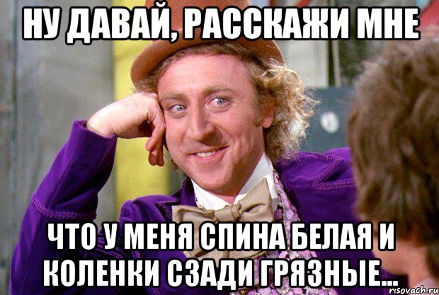 Ну давай, расскажи мне Что у меня спина белая и коленки сзади грязные..., Мем Ну давай расскажи (Вилли Вонка)
