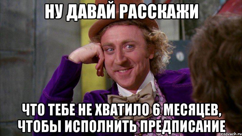 Ну давай расскажи что тебе не хватило 6 месяцев, чтобы исполнить предписание, Мем Ну давай расскажи (Вилли Вонка)