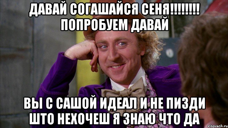 давай согашайся сеня!!!!!!!! попробуем давай вы с сашой идеал и не пизди што нехочеш я знаю что да, Мем Ну давай расскажи (Вилли Вонка)