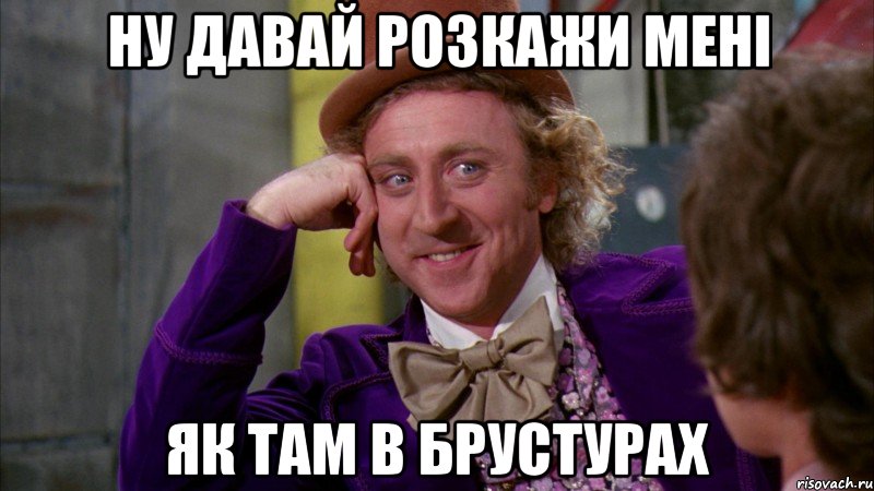 ну давай розкажи мені ЯК ТАМ В БРУСТУРАХ, Мем Ну давай расскажи (Вилли Вонка)