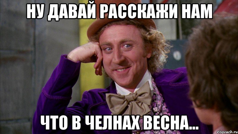 НУ ДАВАЙ РАССКАЖИ НАМ ЧТО В ЧЕЛНАХ ВЕСНА..., Мем Ну давай расскажи (Вилли Вонка)