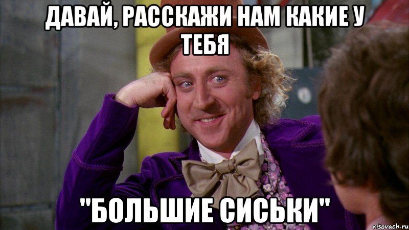 Давай, расскажи нам какие у тебя "Большие сиськи", Мем Ну давай расскажи (Вилли Вонка)
