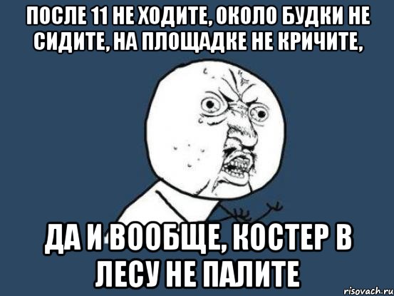 После 11 не ходите, около будки не сидите, на площадке не кричите, ДА И ВООБЩЕ, КОСТЕР В ЛЕСУ НЕ ПАЛИТЕ, Мем Ну почему