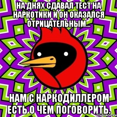 На днях сдавал тест на наркотики и он оказался отрицательным... Нам с наркодиллером есть о чем поговорить., Мем Омская птица