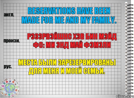 Reservations have been made for me and my family. рэзэрвэйшнс хэв бин мэйд фо: ми энд май фэмэли Места были зарезервированы для меня и моей семьи., Комикс  Перевод с английского