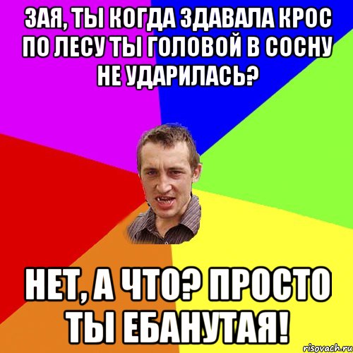 Зая, ты когда здавала крос по лесу ты головой в сосну не ударилась? Нет, а что? Просто ты ебанутая!, Мем Чоткий паца