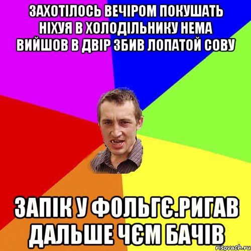 захотілось вечіром покушать ніхуя в холодільнику нема вийшов в двір збив лопатой сову запік у фольгє.ригав дальше чєм бачів, Мем Чоткий паца