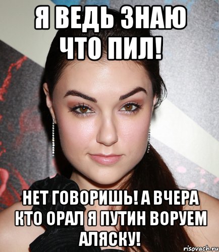 я ведь знаю что пил! нет говоришь! а вчера кто орал я путин воруем аляску!, Мем  Саша Грей улыбается