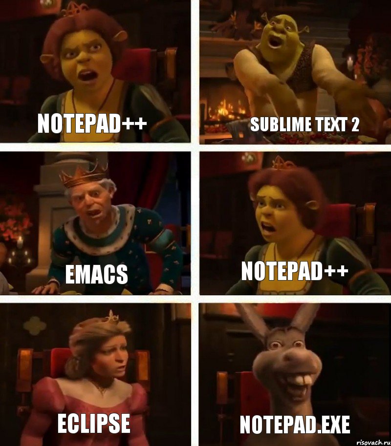Notepad++ Emacs Eclipse Sublime Text 2 Notepad++ notepad.exe, Комикс  Шрек Фиона Гарольд Осел
