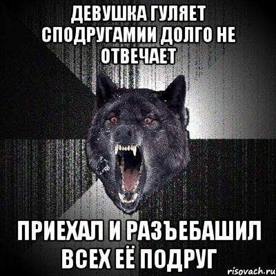 девушка гуляет сподругамии долго не отвечает приехал и разъебашил всех её подруг, Мем Сумасшедший волк