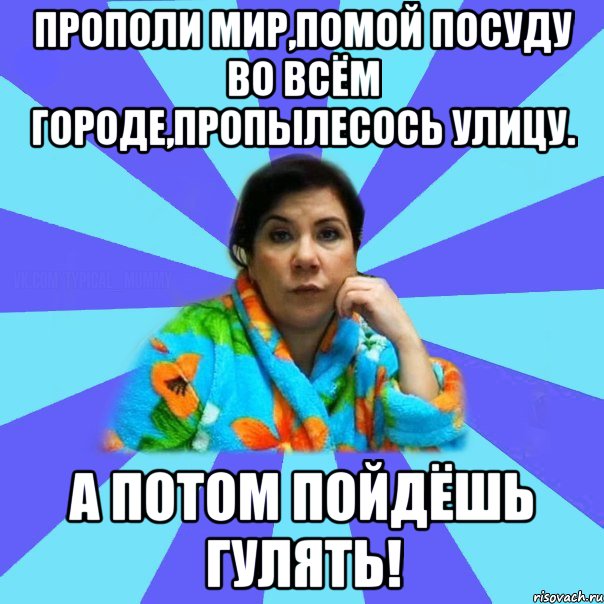 Прополи мир,помой посуду во всём городе,пропылесось улицу. А потом пойдёшь гулять!, Мем типичная мама