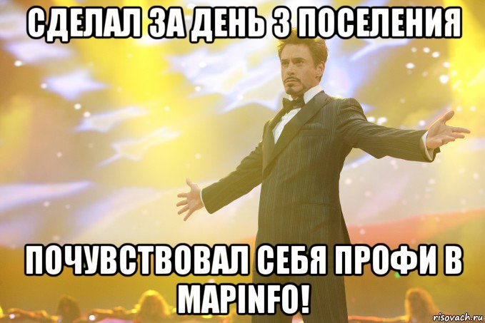 Сделал за день 3 поселения Почувствовал себя профи в mapinfo!, Мем Тони Старк (Роберт Дауни младший)