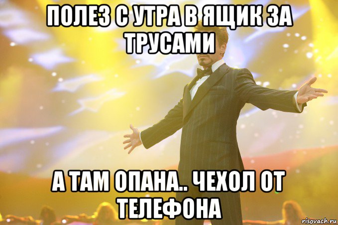 полез с утра в ящик за трусами а там опана.. чехол от телефона, Мем Тони Старк (Роберт Дауни младший)