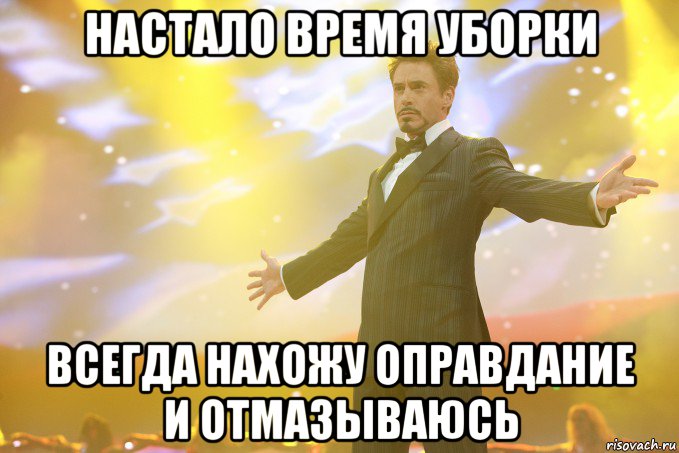 Настало время уборки всегда нахожу оправдание и отмазываюсь, Мем Тони Старк (Роберт Дауни младший)