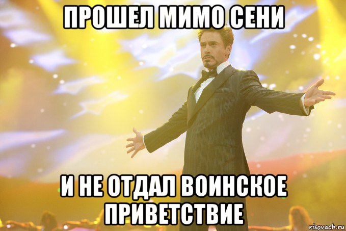 Прошел мимо Сени и не отдал воинское приветствие, Мем Тони Старк (Роберт Дауни младший)