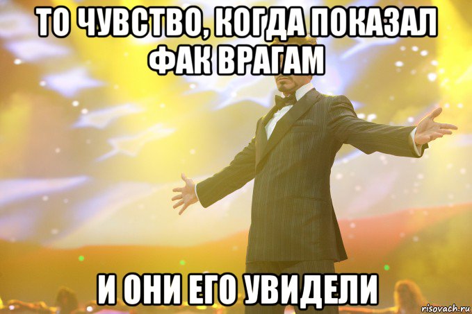 То чувство, когда показал фак врагам И они его увидели, Мем Тони Старк (Роберт Дауни младший)