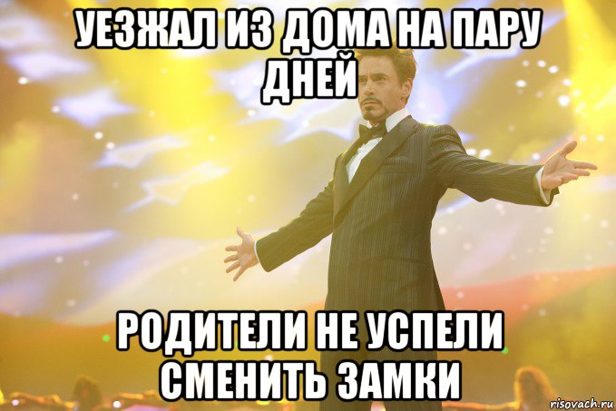 уезжал из дома на пару дней родители не успели сменить замки, Мем Тони Старк (Роберт Дауни младший)