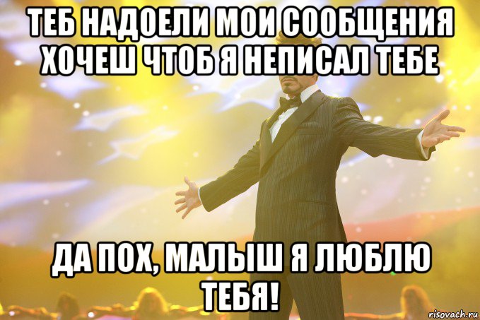 Теб надоели мои сообщения хочеш чтоб я неписал тебе Да пох, Малыш я люблю тебя!, Мем Тони Старк (Роберт Дауни младший)