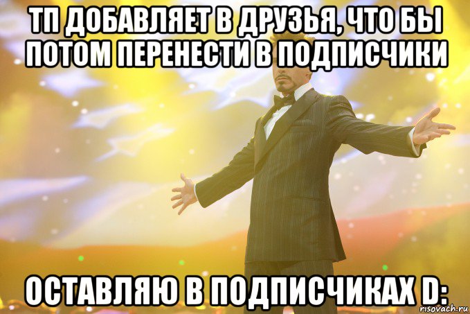 ТП добавляет в друзья, что бы потом перенести в подписчики Оставляю в подписчиках D:, Мем Тони Старк (Роберт Дауни младший)