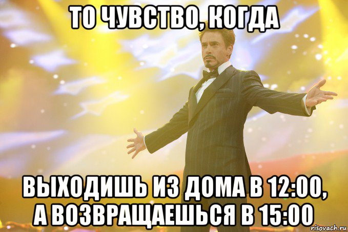 То чувство, когда выходишь из дома в 12:00, а возвращаешься в 15:00, Мем Тони Старк (Роберт Дауни младший)