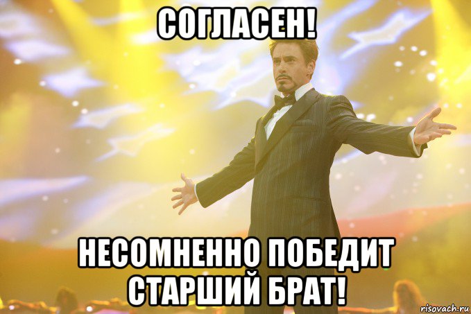 Согласен! Несомненно Победит старший Брат!, Мем Тони Старк (Роберт Дауни младший)