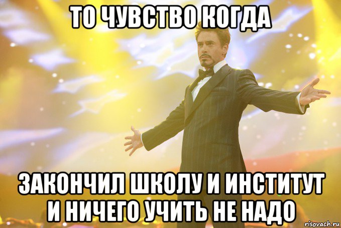 то чувство когда закончил школу и институт и ничего учить не надо, Мем Тони Старк (Роберт Дауни младший)