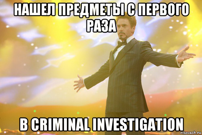 Нашел предметы с первого раза В Criminal Investigation, Мем Тони Старк (Роберт Дауни младший)