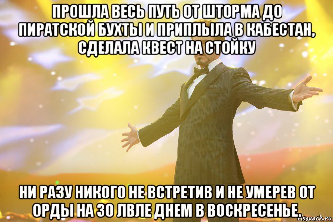 Прошла весь путь от шторма до пиратской бухты и приплыла в кабестан, сделала квест на стойку ни разу никого не встретив и не умерев от орды на 30 лвле днем в воскресенье., Мем Тони Старк (Роберт Дауни младший)