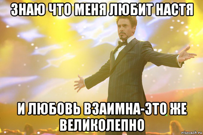 Знаю что меня любит Настя И любовь взаимна-это же великолепно, Мем Тони Старк (Роберт Дауни младший)