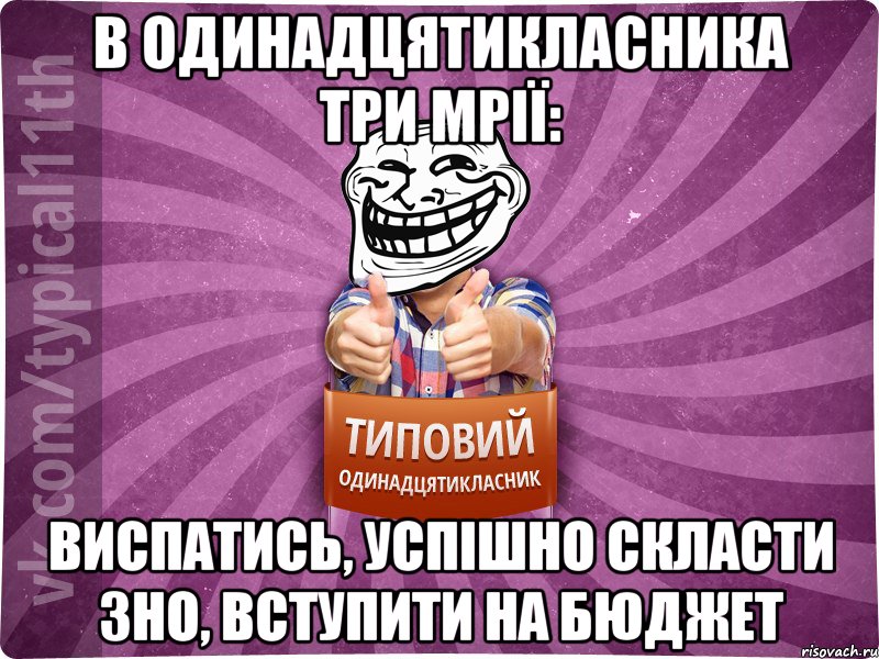 В одинадцятикласника три мрії: виспатись, успішно скласти зно, вступити на бюджет