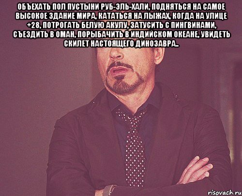 Объехать пол пустыни Руб-эль-Хали, подняться на самое высокое здание мира, кататься на лыжах, когда на улице +28, потрогать белую акулу, затусить с пингвинами, съездить в Оман, порыбачить в Индийском океане, увидеть скилет настоящего динозавра.. , Мем твое выражение лица