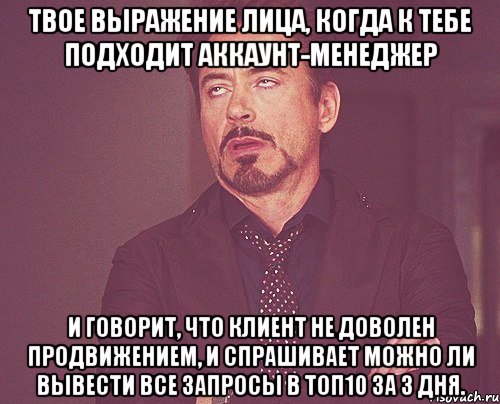 Твое выражение лица, когда к тебе подходит Аккаунт-менеджер и говорит, что клиент не доволен продвижением, и спрашивает можно ли вывести все запросы в ТОП10 за 3 дня., Мем твое выражение лица
